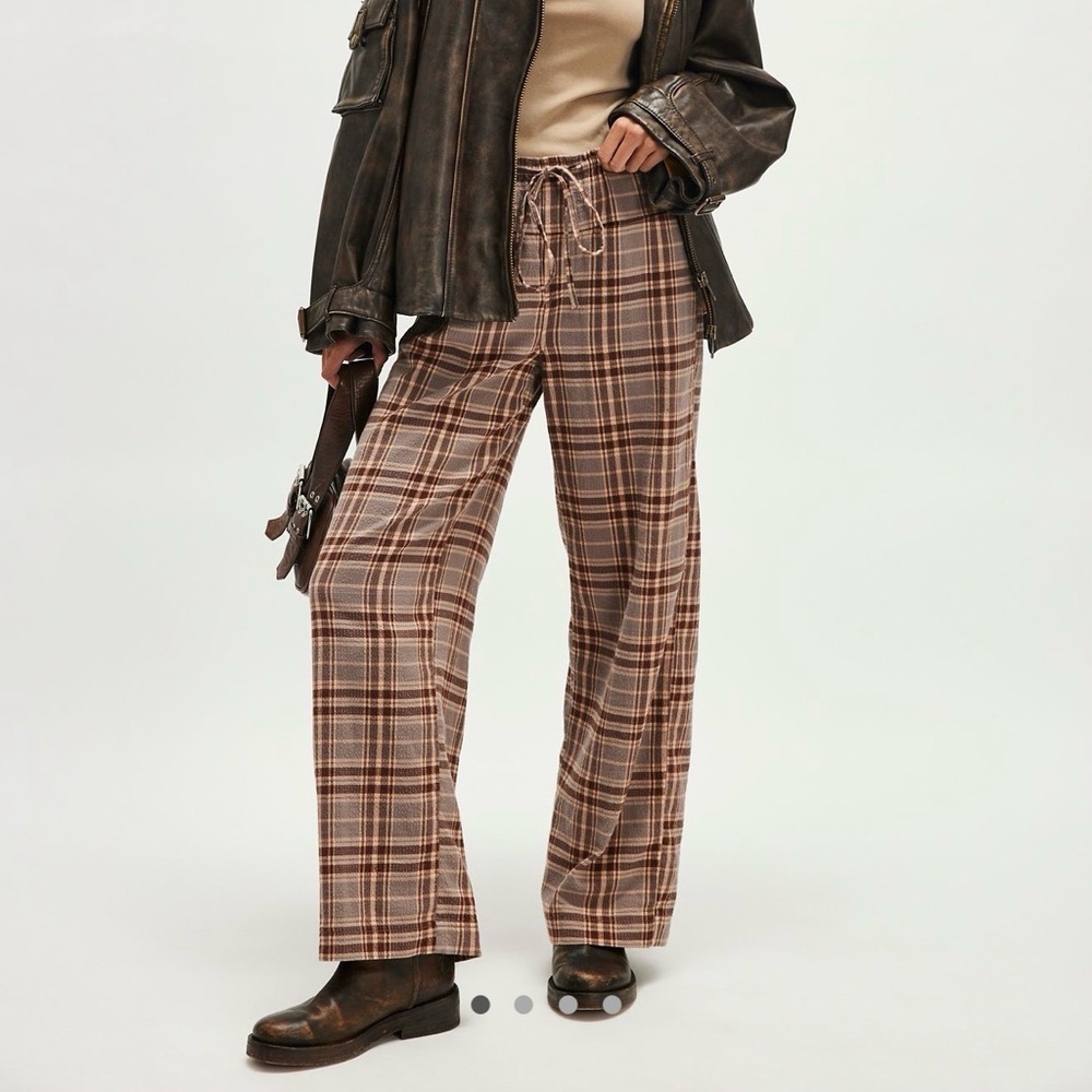Free People Plaid Pants in Brown and Cream